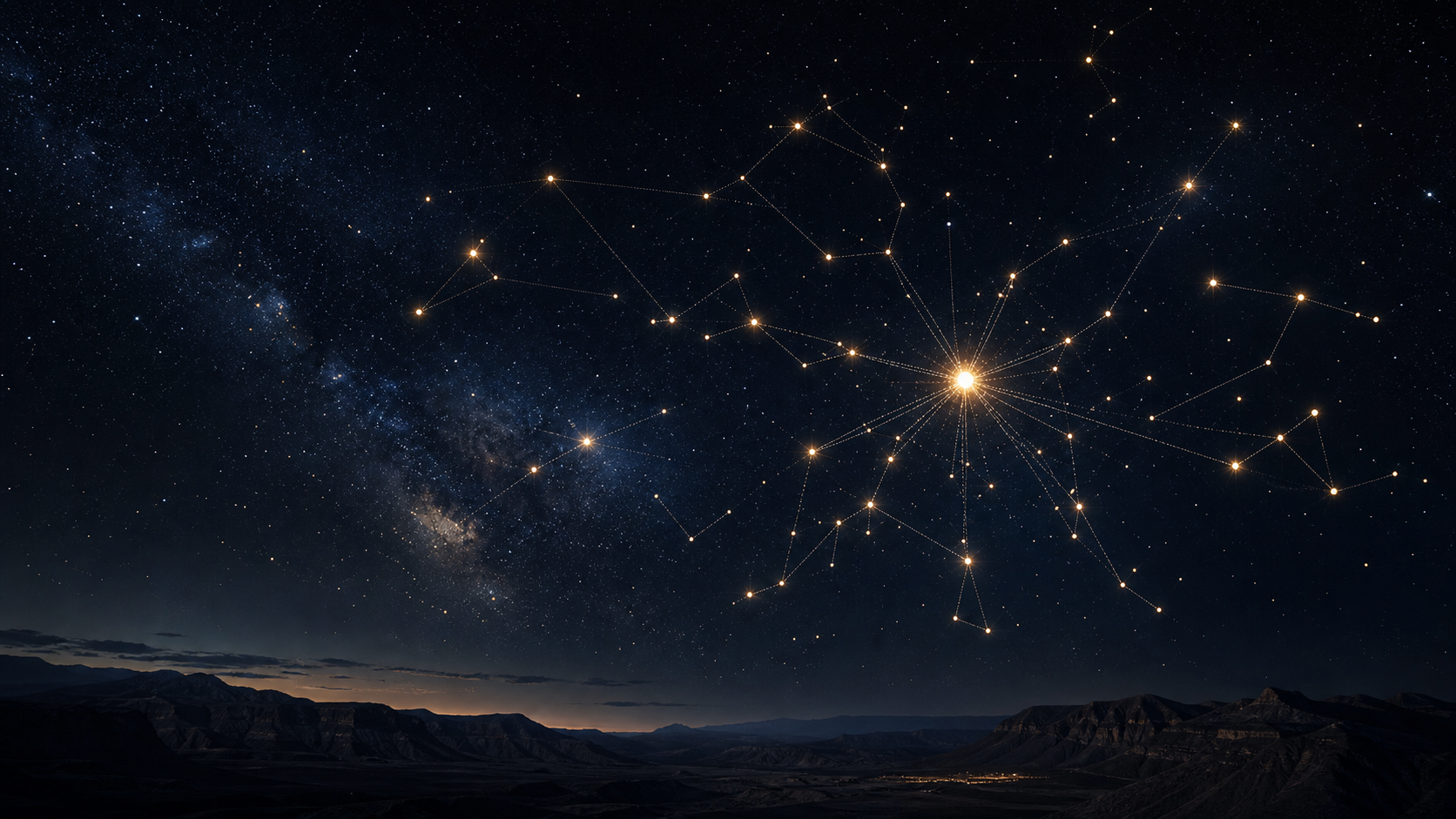 Constellation-style night sky representing scattered business information becoming connected